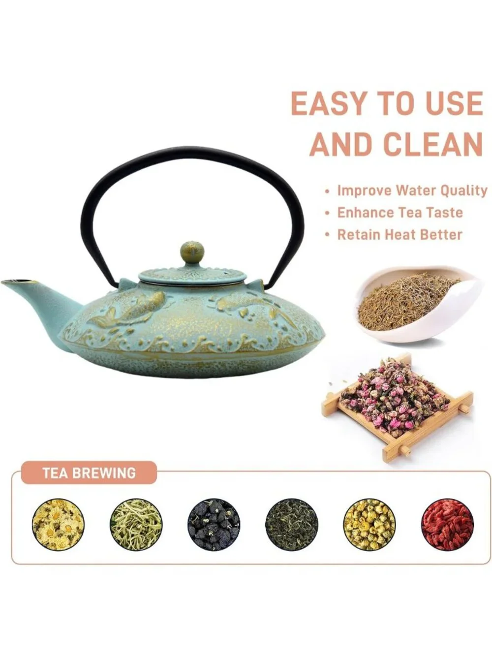 Cyan and Gold Cast Iron Kitchen Japanese Teapot 27.1oz Stovetop  Infuser Pot
